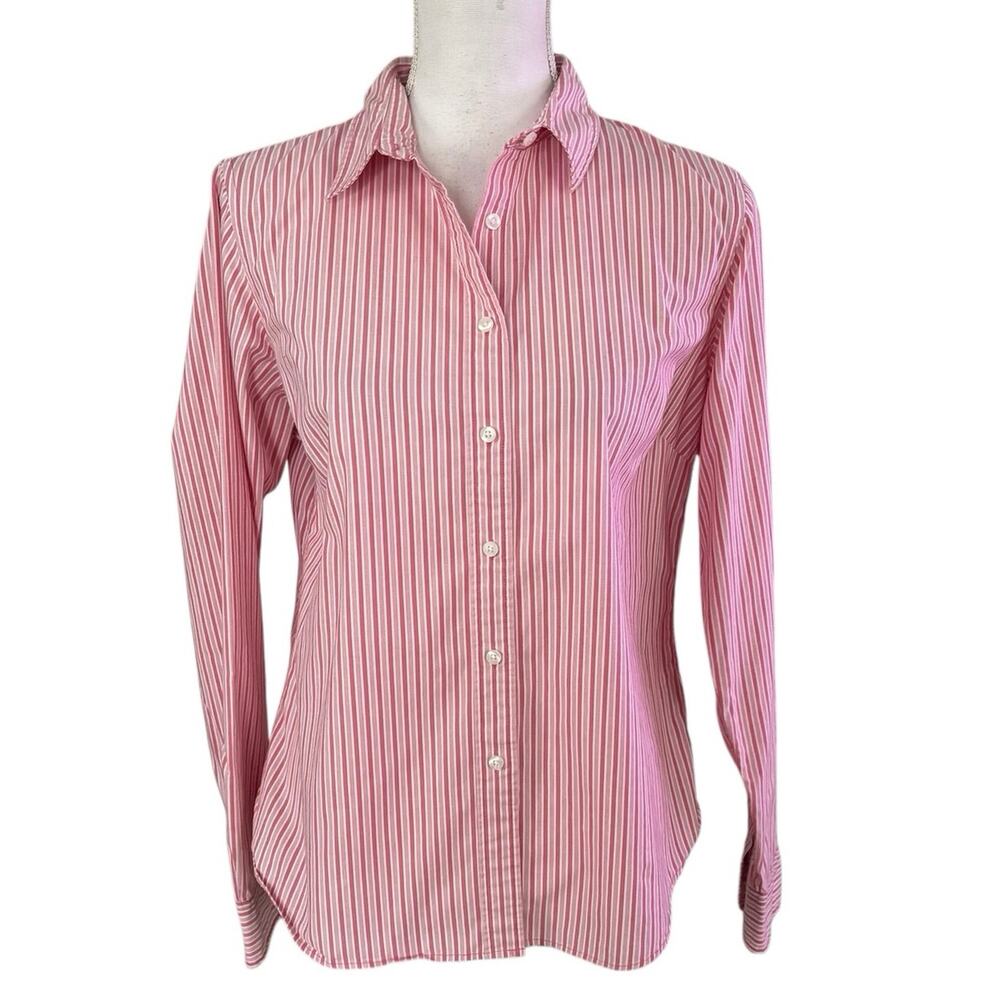 LL Bean Size S Pink Striped Poplin Button Up Front Shirt Office Career 296853